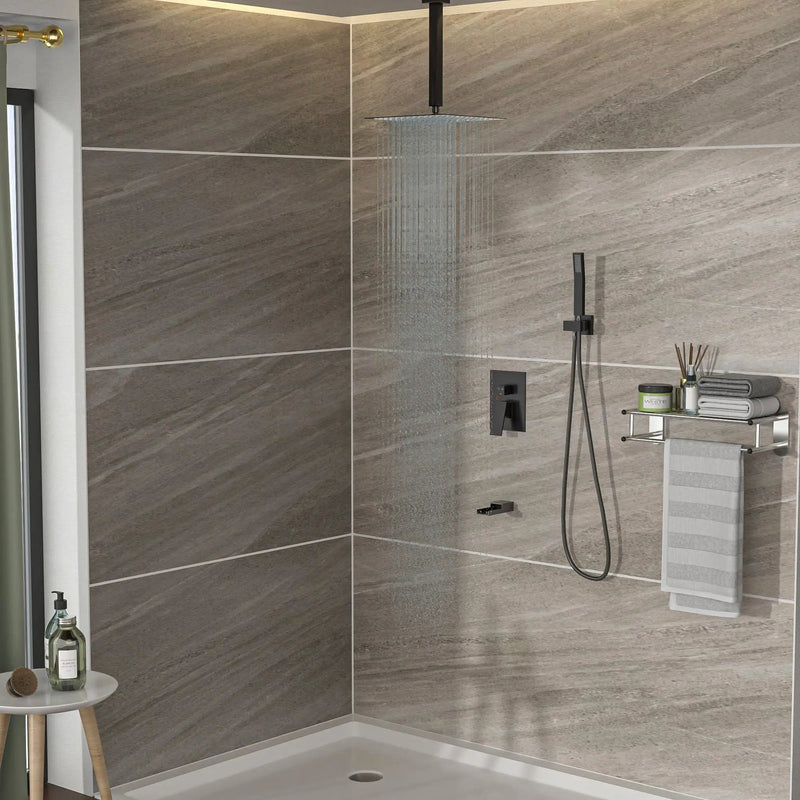Shower System With Waterfall Tub Spout And 16" Ceiling Mount Square Rain Shower - Oil-Rubbed Bronze by HouseOfZazla
