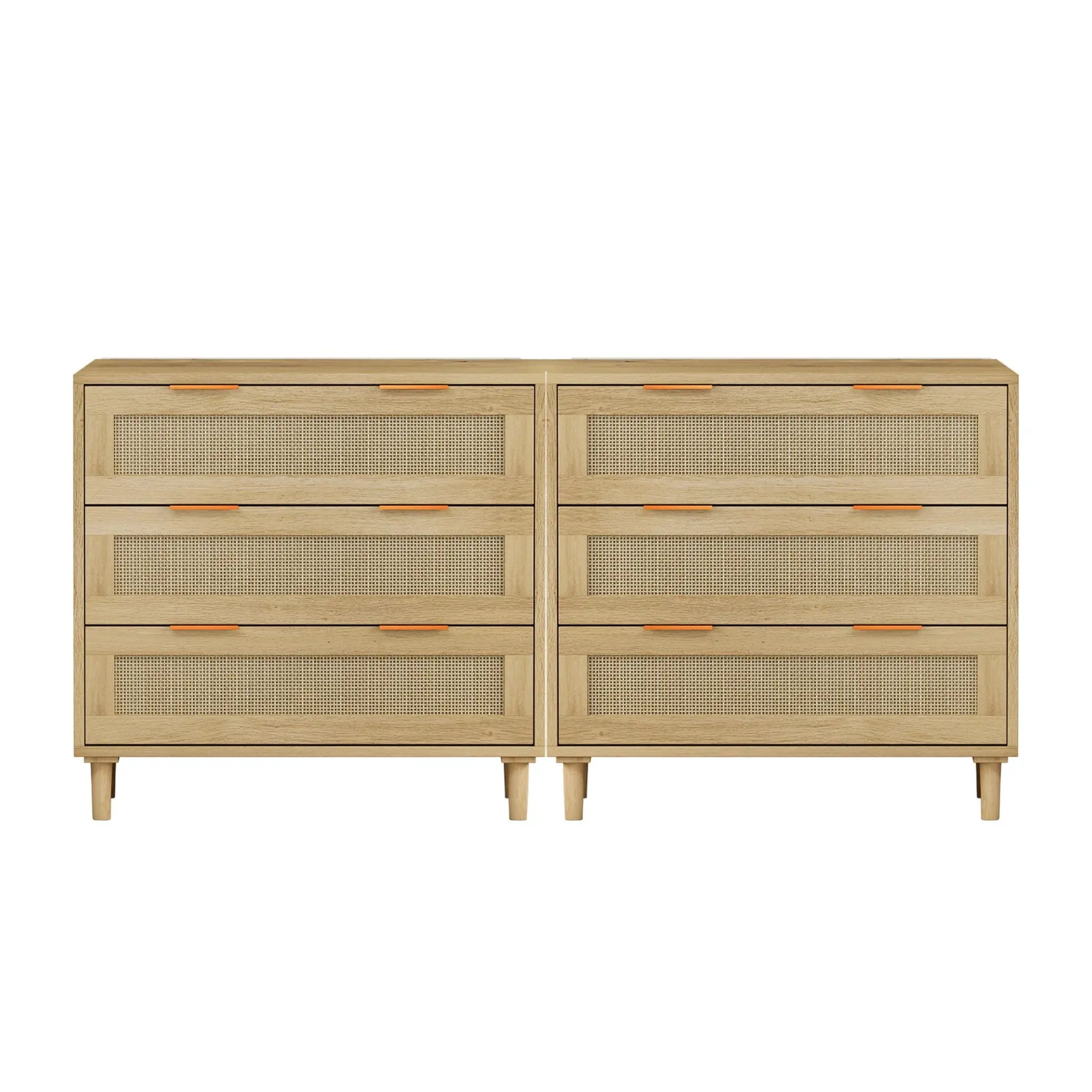 3 Drawers Rattan Storage Cabinet Rattan Drawer, For Bedroom, Living Room, Dining Room, Hallways (Set of 2) - Oak by Unique Piece Furniture
