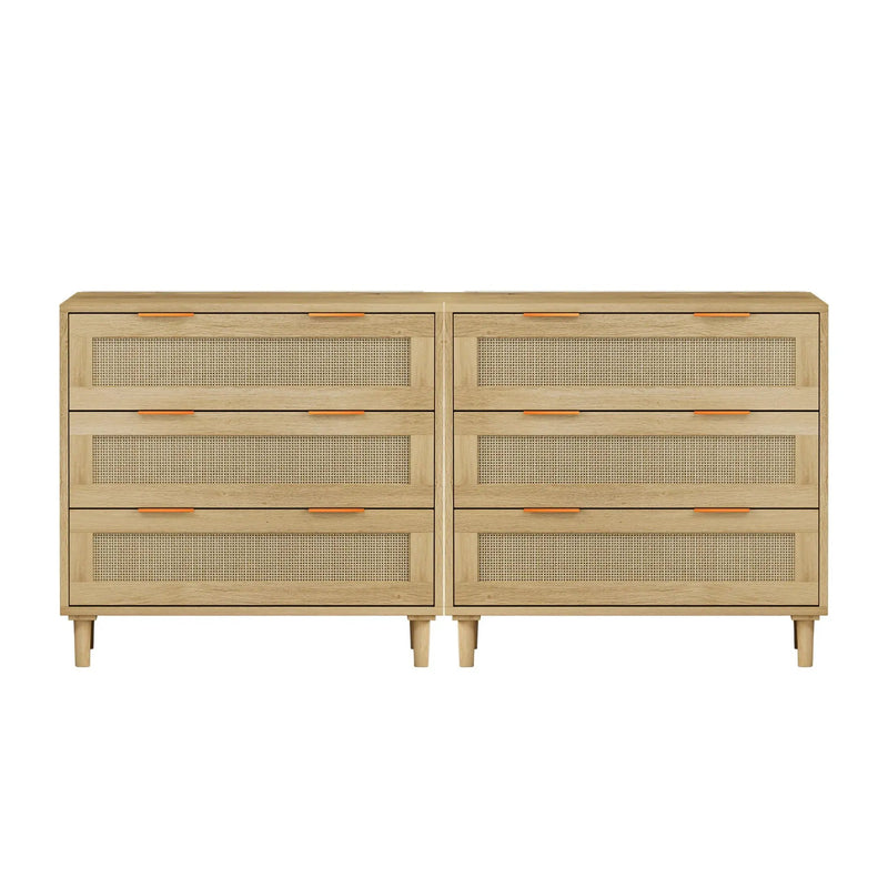 3 Drawers Rattan Storage Cabinet Rattan Drawer, For Bedroom, Living Room, Dining Room, Hallways (Set of 2) - Oak by Unique Piece Furniture