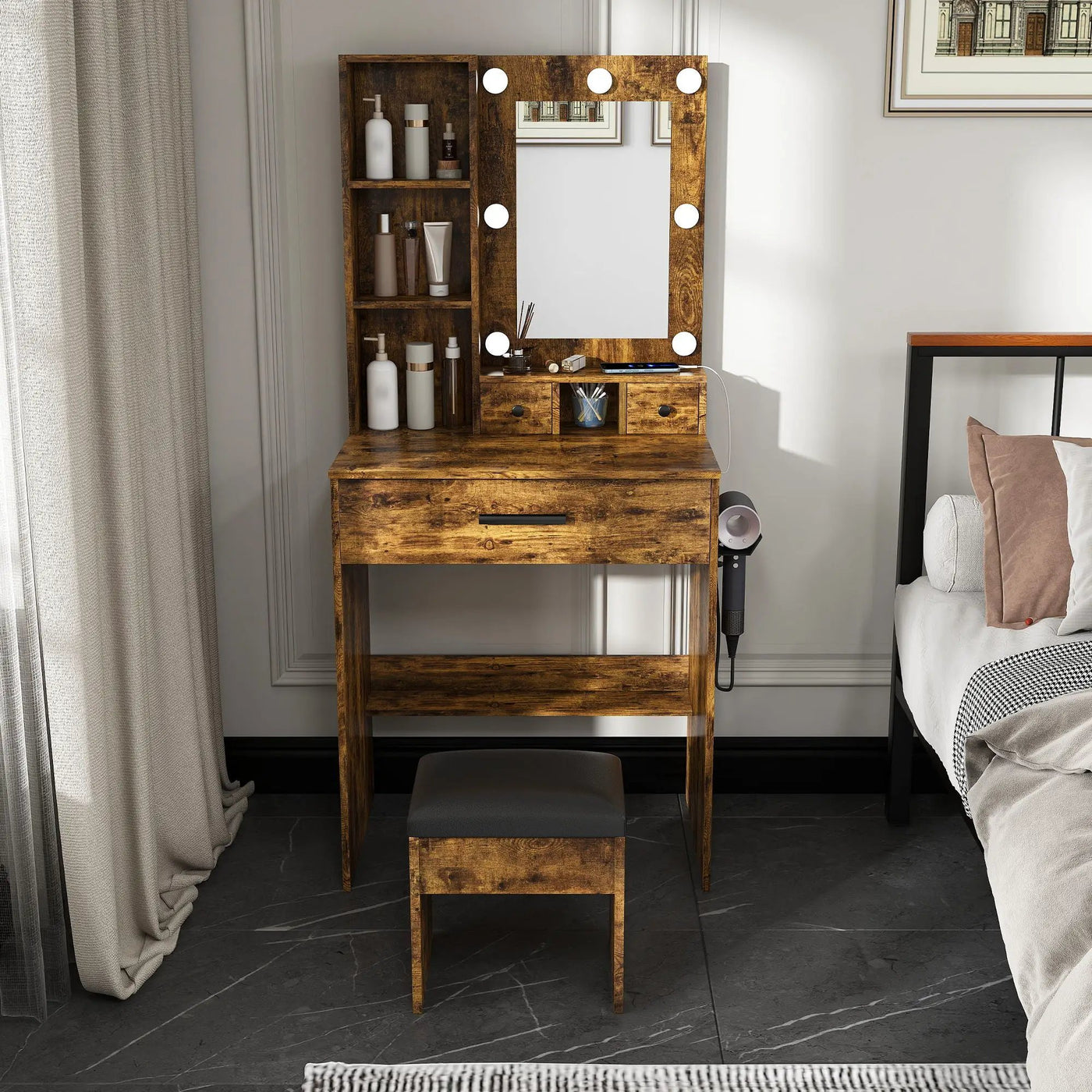 Vanity Table With Mirror, Adjustable LED Lights, Power Outlet, Hairdryer Holder & Stool by Unique Piece Furniture