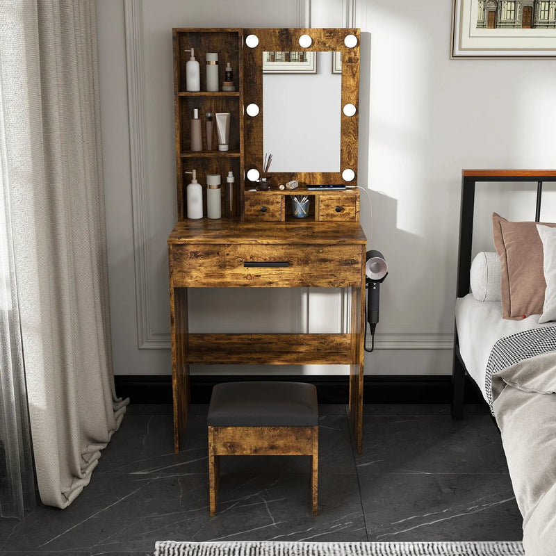 Vanity Table With Mirror, Adjustable LED Lights, Power Outlet, Hairdryer Holder & Stool by HouseOfZazla