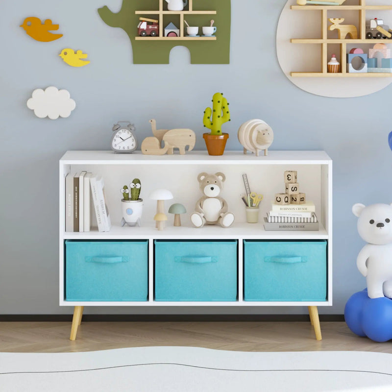 Bookcase With Collapsible Drawers, Book Display Storage Cabinet Organizer - White / Blue by Unique Piece Furniture