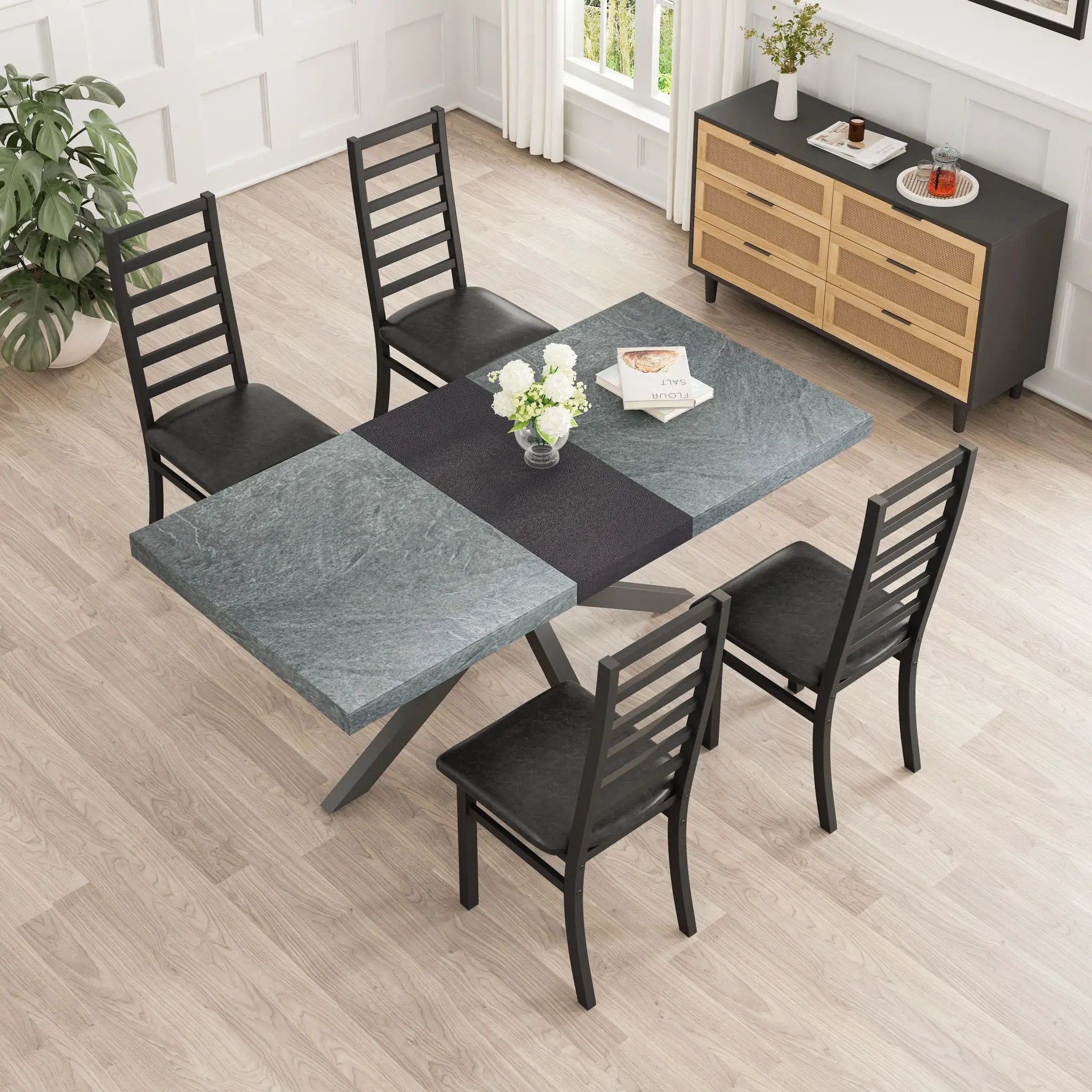 Rectangular Stretch Dining Table With 4 Chairs - Black / Gray by HouseOfZazla