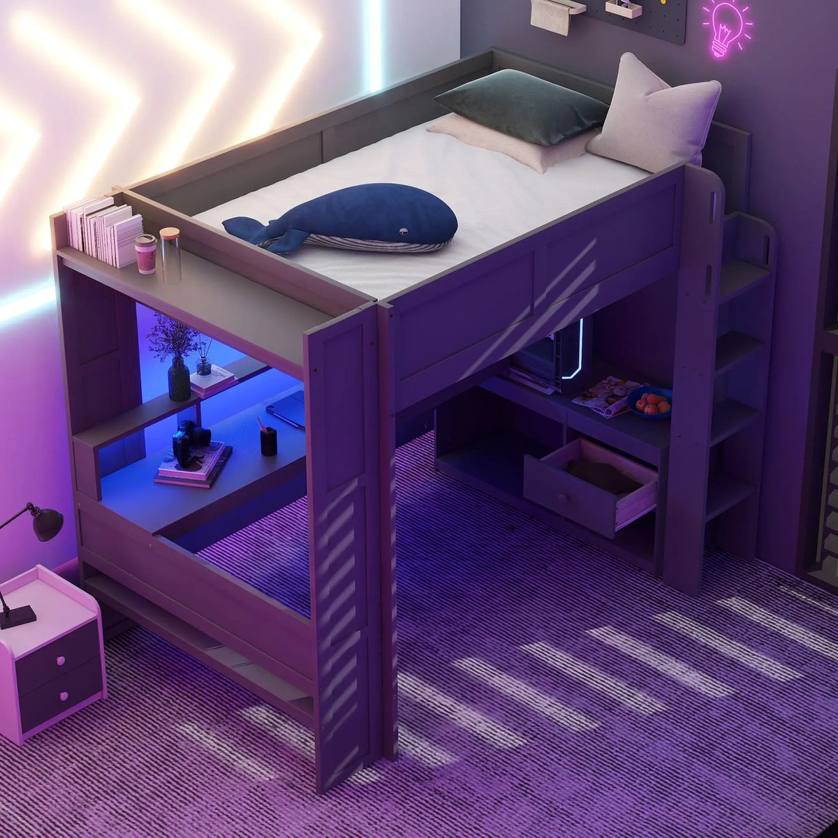 Wood Full Size Gaming Loft Bed with Desk, Multi-storage Shelves, LED and Charging Station, photo 2 of 10