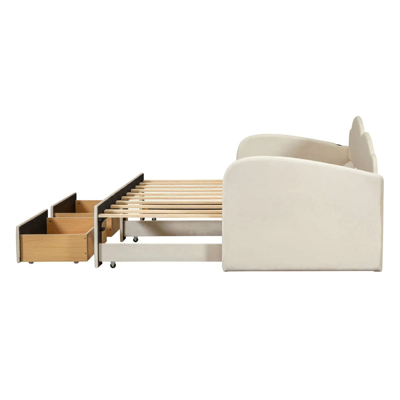 Upholstered Daybed With Cloud-Shaped Backrest, Trundle & 2 Drawers And USB Ports by HouseOfZazla