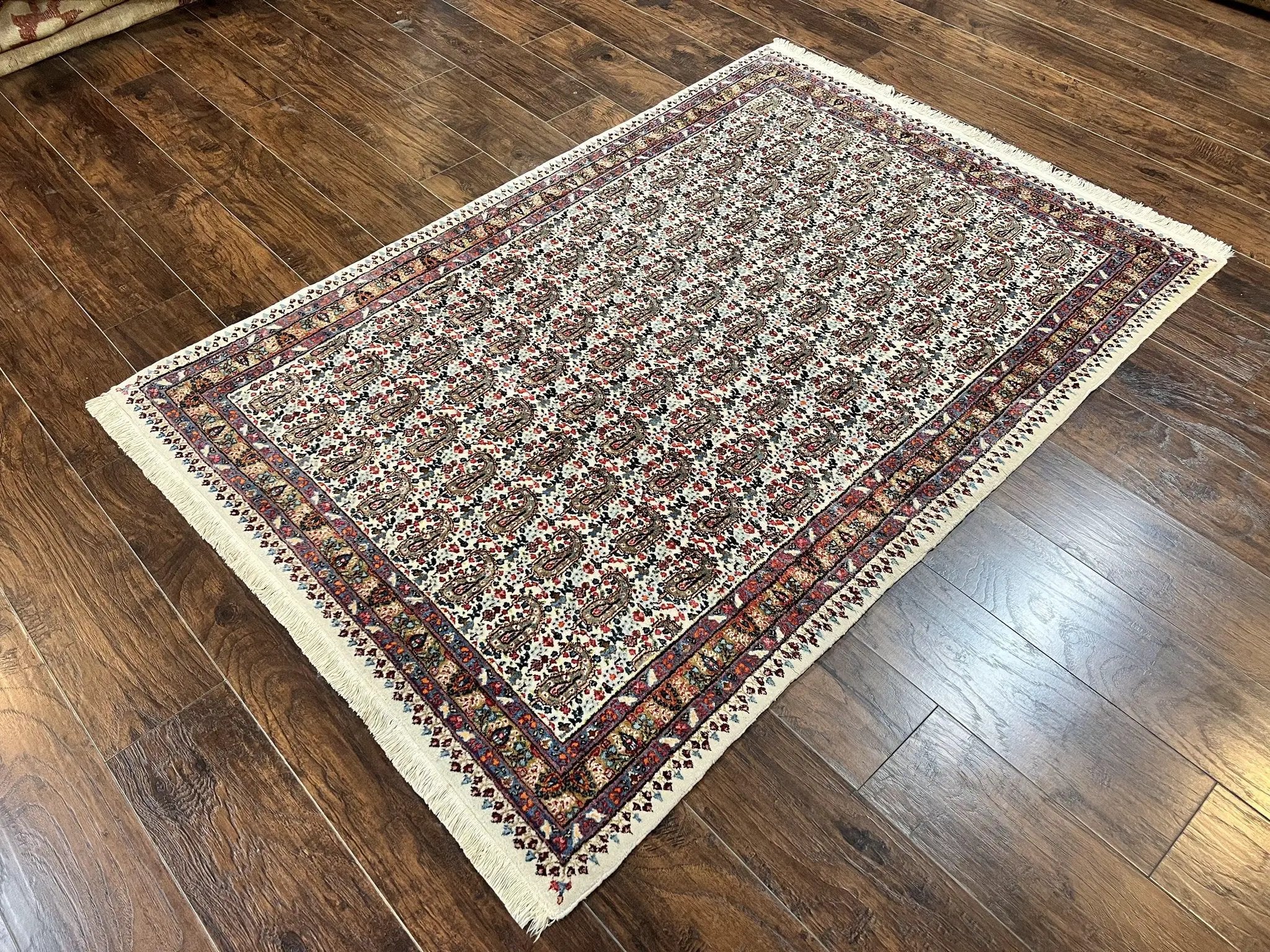 Persian Rug 4x6, Mashad Kashmar Rug, Boteh Paisley Design, Allover Repeated Pattern, Ivory Hand Knotted Vintage Semi Antique Persian Oriental Carpet by Jewel Rugs