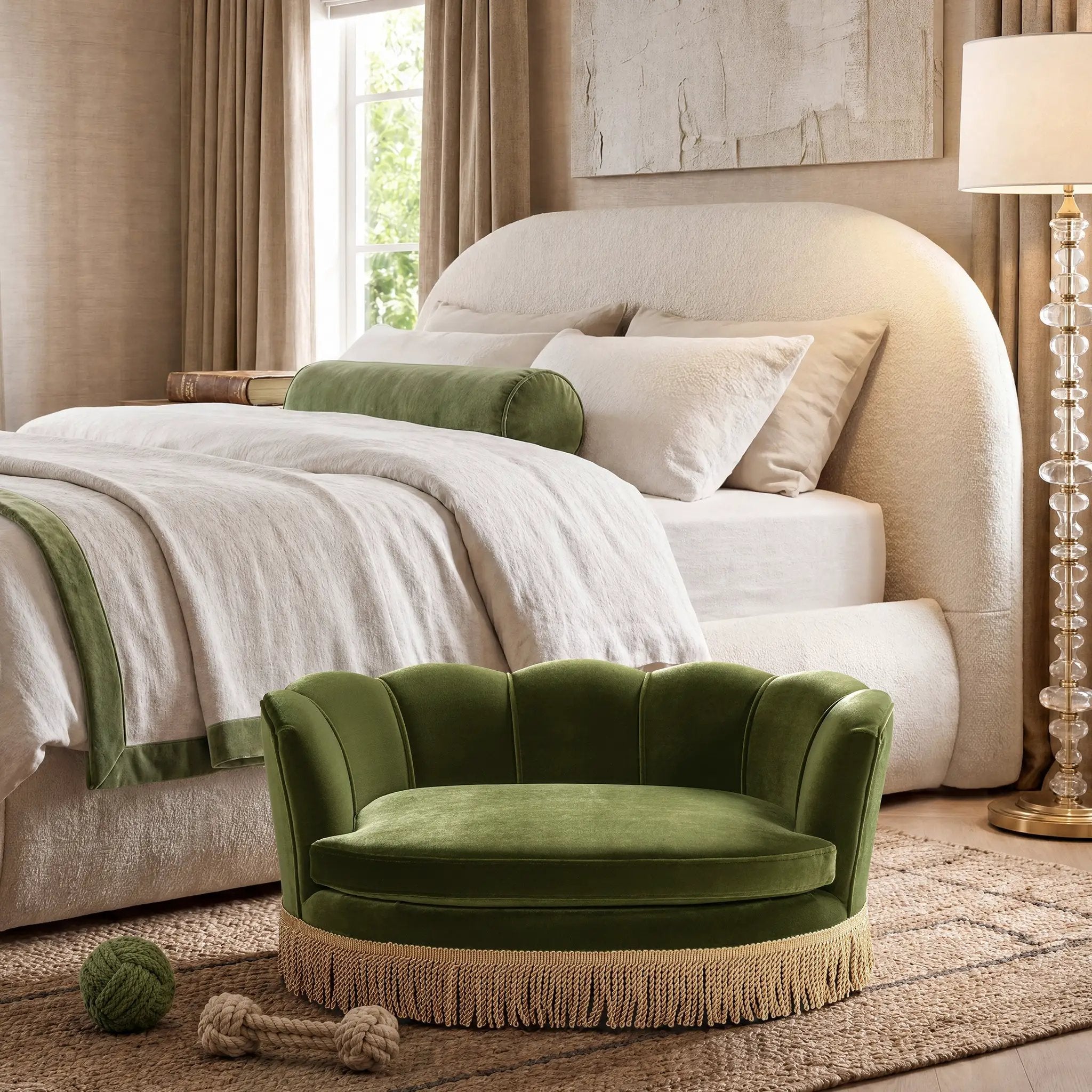 Clara 34.5" Scalloped Pet Sofa Bed - Medium, Olive by HouseOfZazla