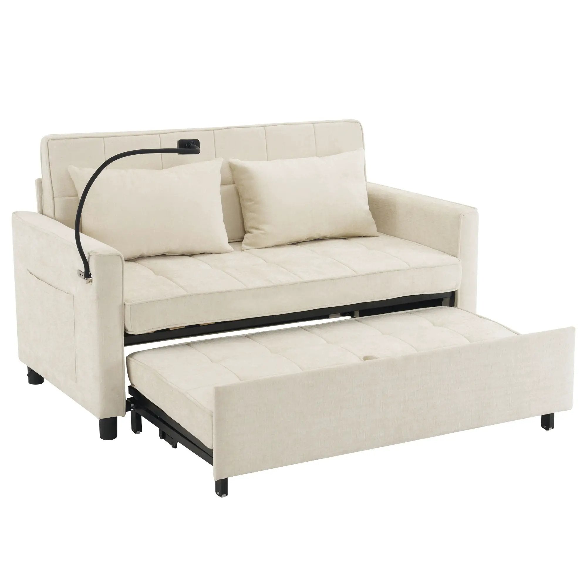 Pull-Out Sleeper Sofa With Reversible Backrest Cushion, Side Pockets, 2 USB Ports And A Phone Holder For Living Room by HouseOfZazla