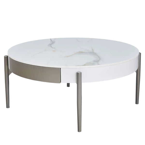 Modern Round Coffee Table With Storage Drawers Handcrafted Ceramic Inlay Tabletop 2 Tone Wood Legs Scandinavian Living Room Center Table - White / Gray