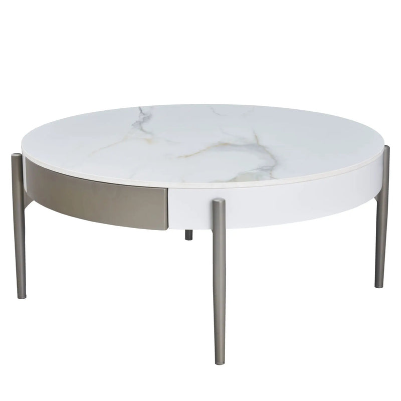 Modern Round Coffee Table With Storage Drawers Handcrafted Ceramic Inlay Tabletop 2 Tone Wood Legs Scandinavian Living Room Center Table - White / Gray by HouseOfZazla