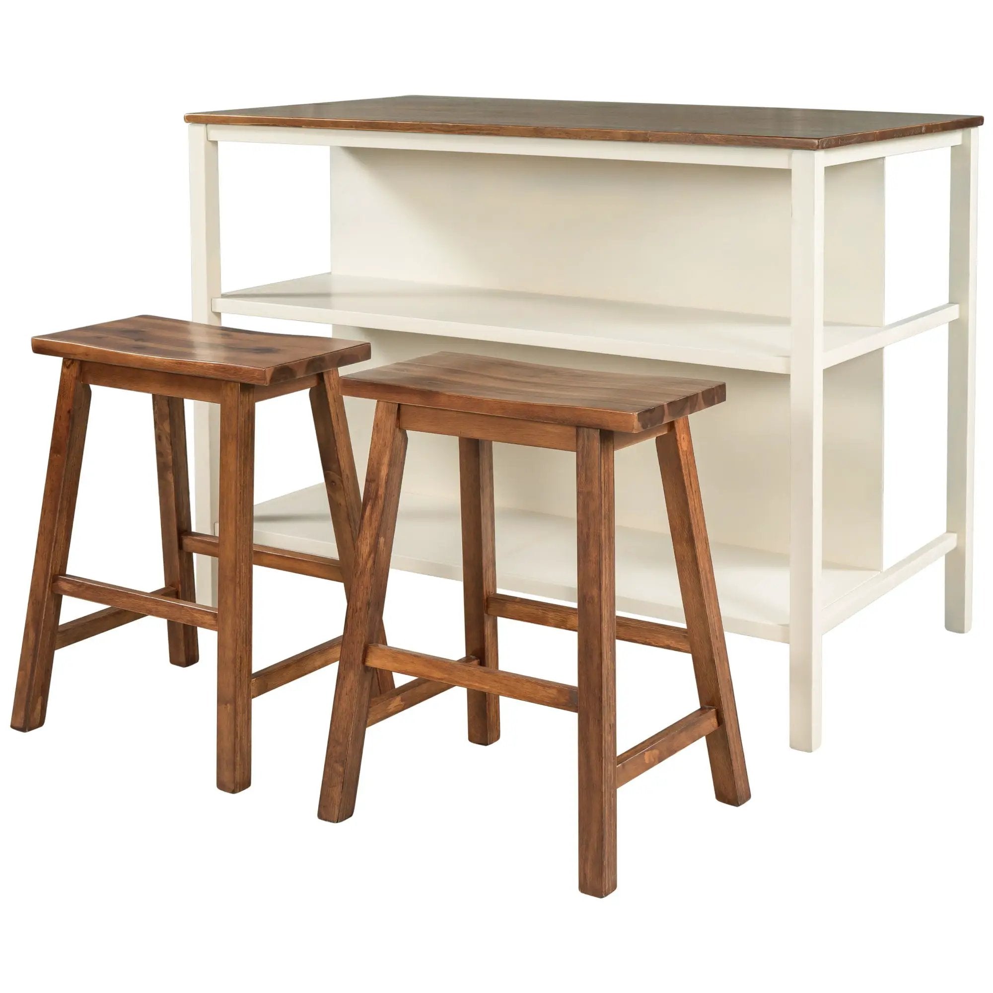 Rustic 3 Piece Stationary Kitchen Island Set With 2 Seatings, With 2 Open Shelves by HouseOfZazla