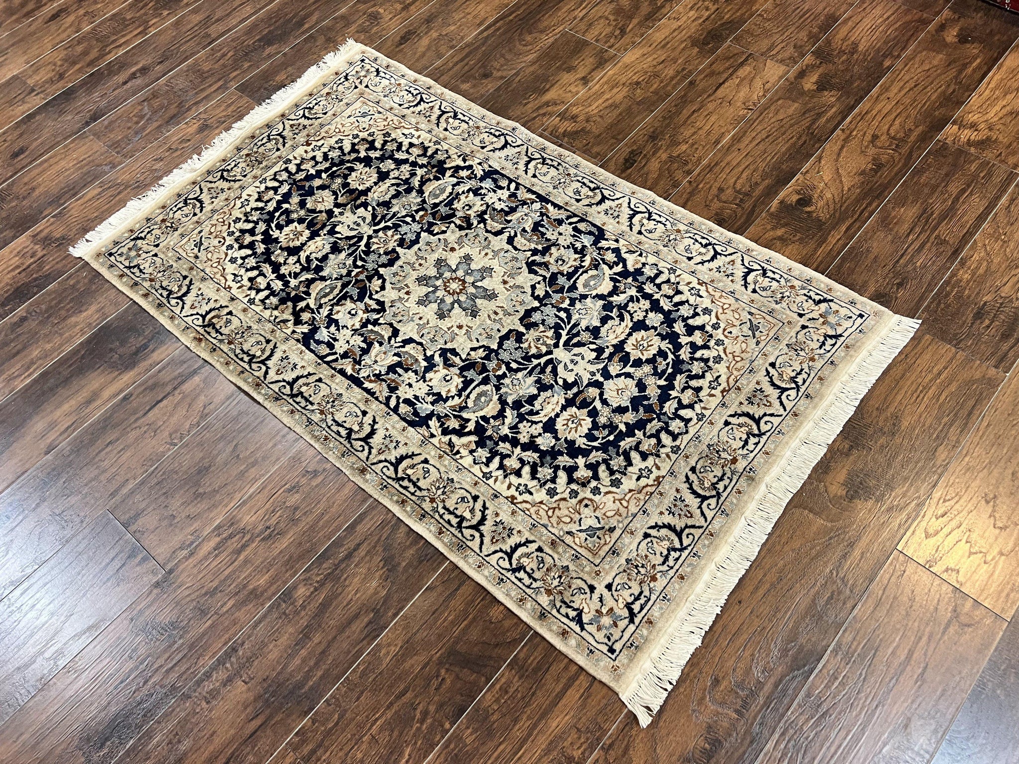 Persian Nain Rug 3x5, Floral Medallion Oriental Carpet, Very Fine Hand Knotted Handmade Wool and Silk Highlights Rug, Vintage Semi Antique by Jewel Rugs