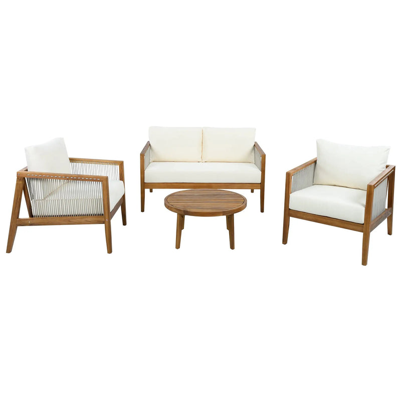 Outdoor 4-Piece Sofa Set, Acacia Wood Frame with Rope Detail, Water-Repellent by HouseOfZazla