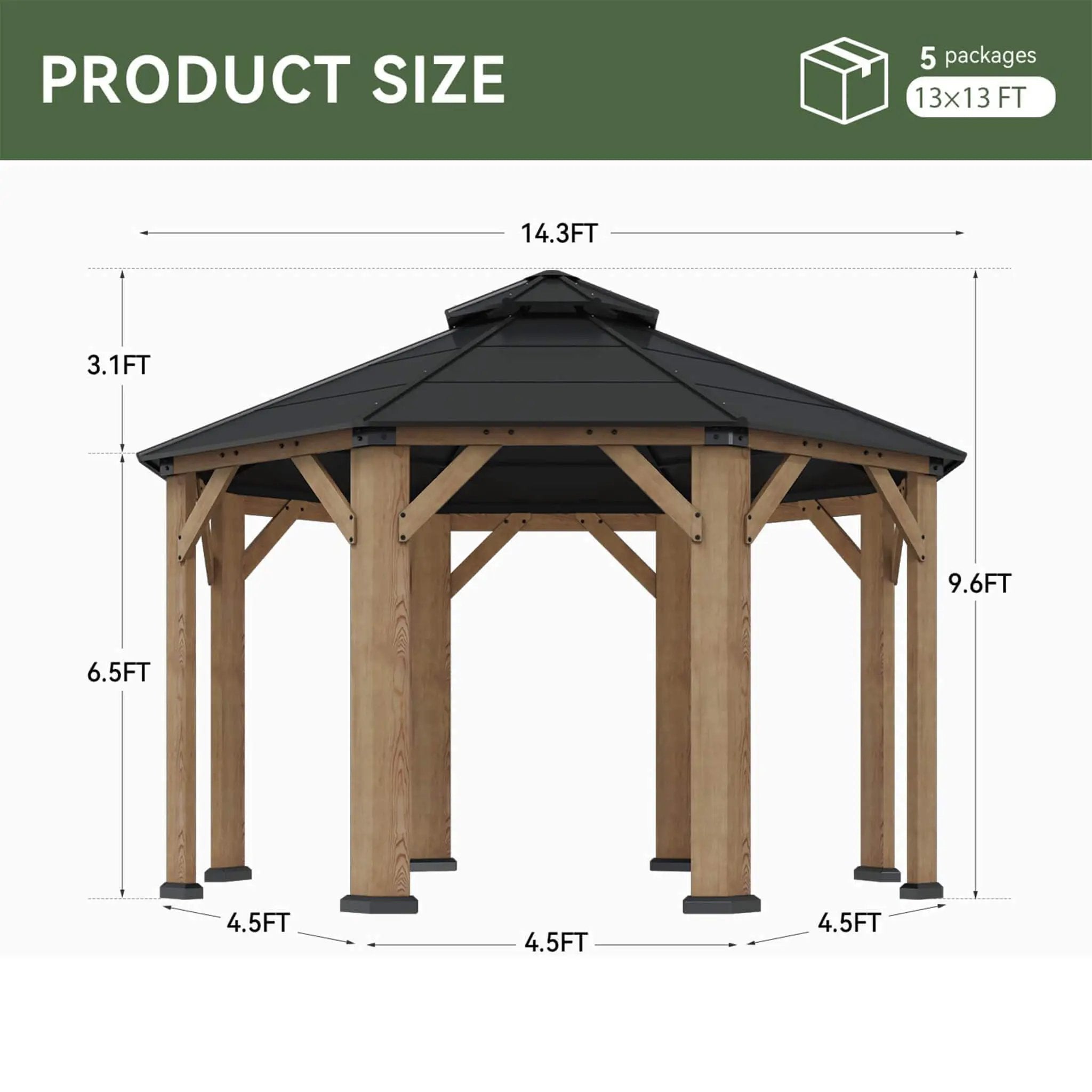 [13X13FT] Alora Cedar Wood Galvanized Steel Octagonal Hardtop Double Roof Gazebo (SAK17468) by SAKSBY WHOLESALE