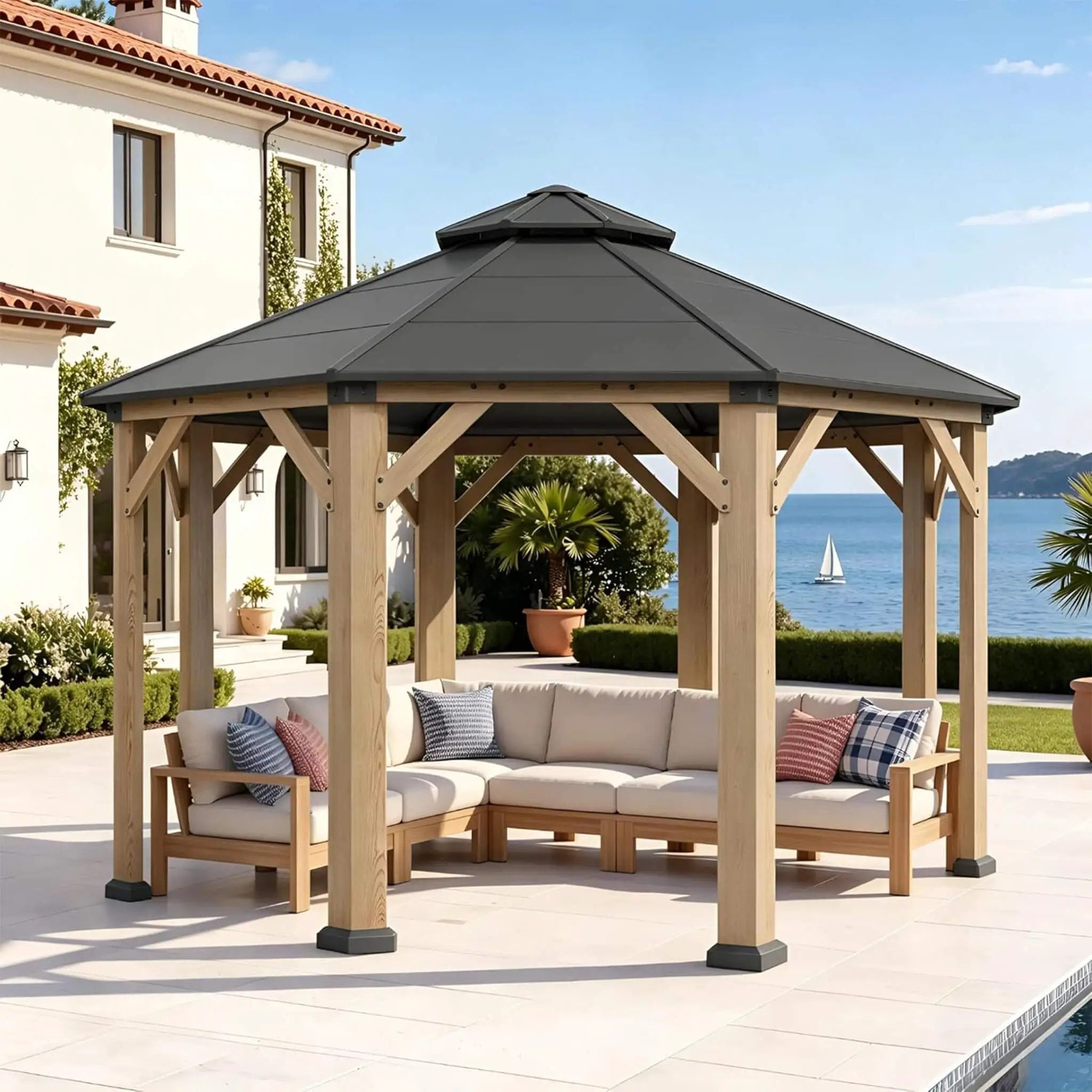 [13X13FT] Alora Cedar Wood Galvanized Steel Octagonal Hardtop Double Roof Gazebo (SAK17468) by SAKSBY WHOLESALE
