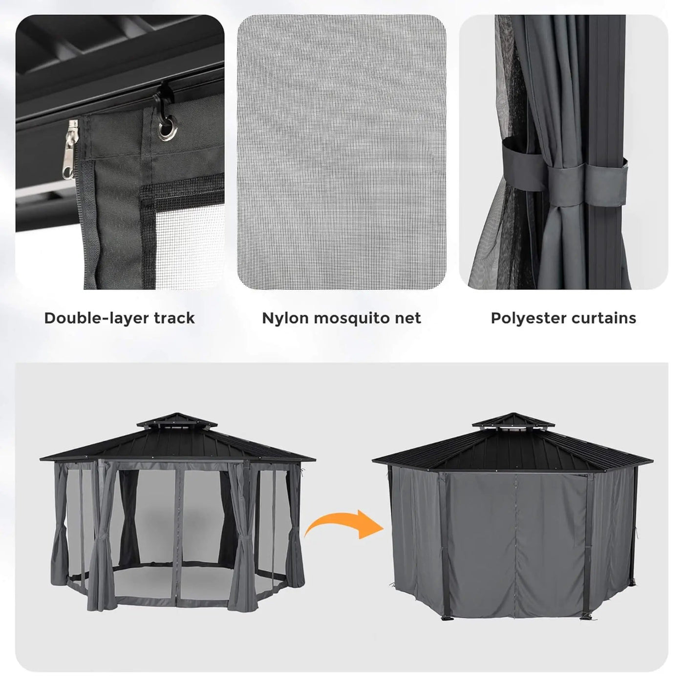 [13X15FT] Alora Hardtop Hexagonal Gazebo With Curtains And Netting [No Furniture] (SAK60713) by SAKSBY WHOLESALE