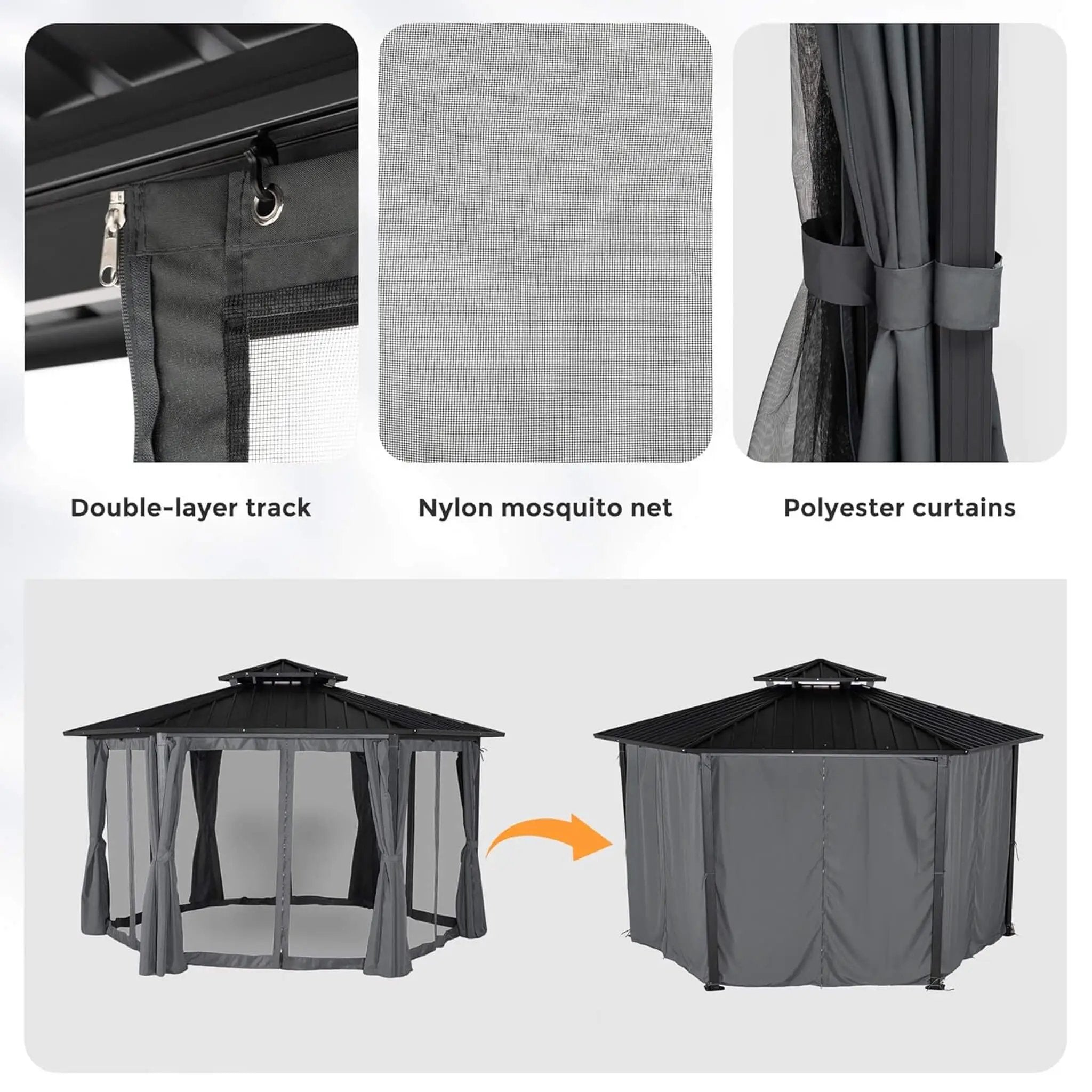 [13X15FT] Alora Hardtop Hexagonal Gazebo With Curtains And Netting [No Furniture] (SAK60713) by SAKSBY WHOLESALE