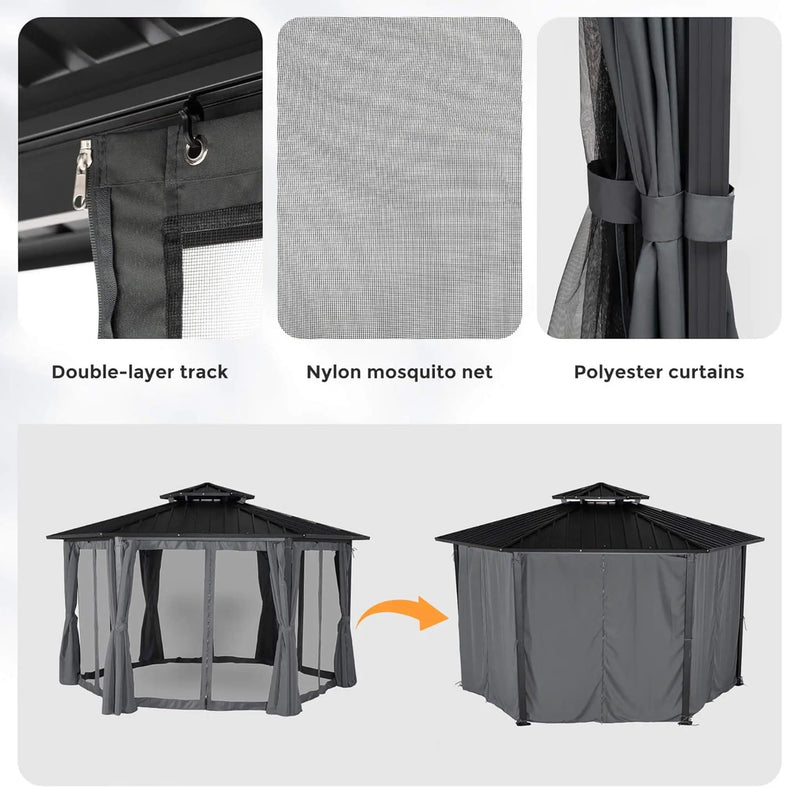[13X15FT] Alora Hardtop Hexagonal Gazebo With Curtains And Netting [No Furniture] (SAK60713) by SAKSBY WHOLESALE