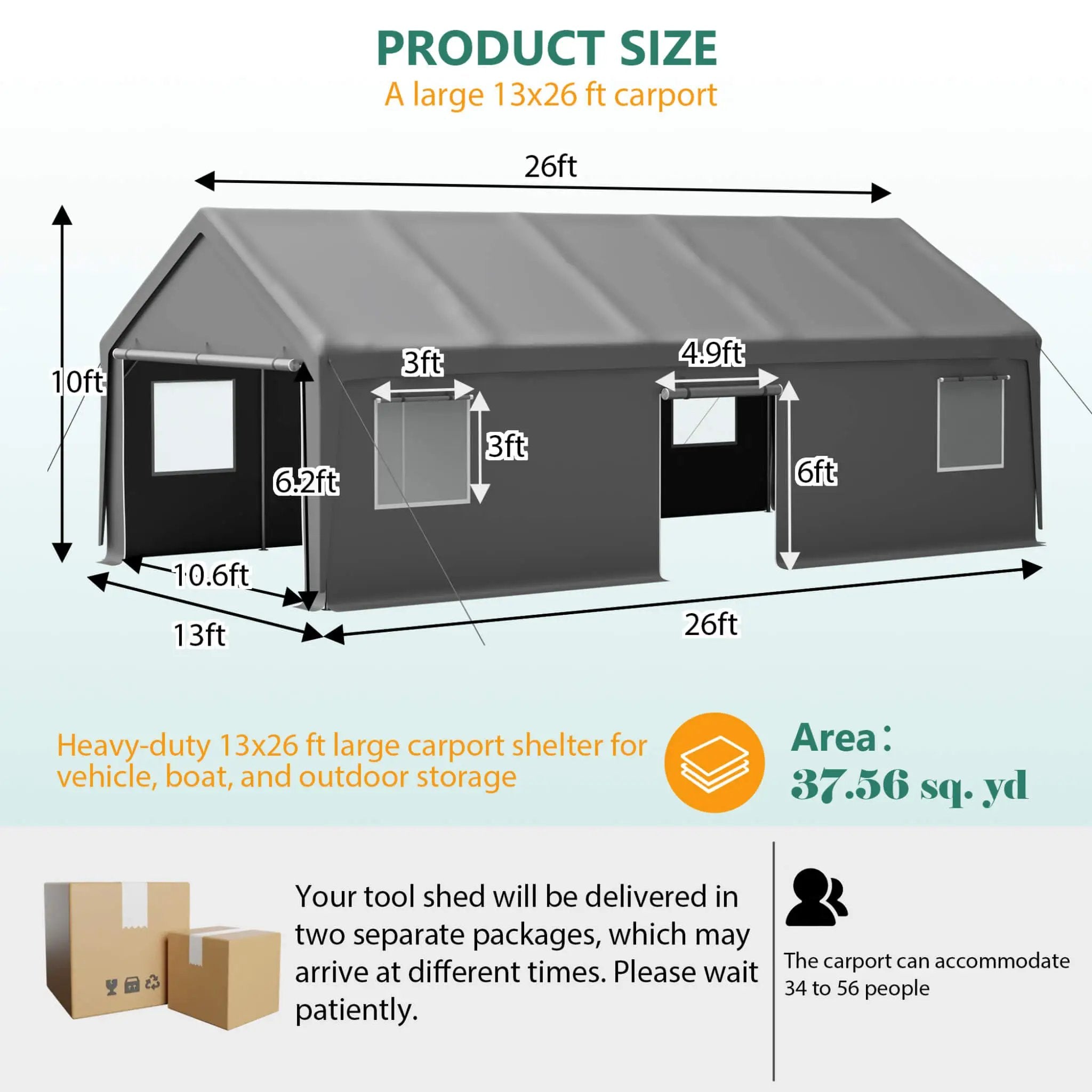 [13X26FT] Alora Heavy-Duty Carport Canopy With Roll-Up Doors And Windows (SAK14975) by SAKSBY WHOLESALE