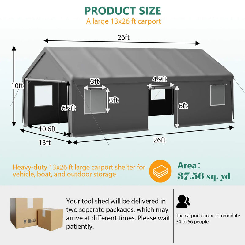 [13X26FT] Alora Heavy-Duty Carport Canopy With Roll-Up Doors And Windows (SAK14975) by SAKSBY WHOLESALE