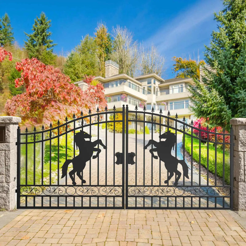 14x8 ft Steel Dual Swing Driveway Gate with Horse Pattern by Chery Industrial
