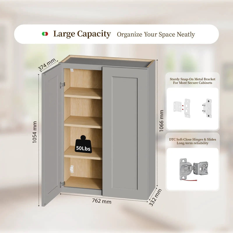 Gray Shaker Solid Wood Wall Cabinet with Soft-Close Doors by HouseOfZazla