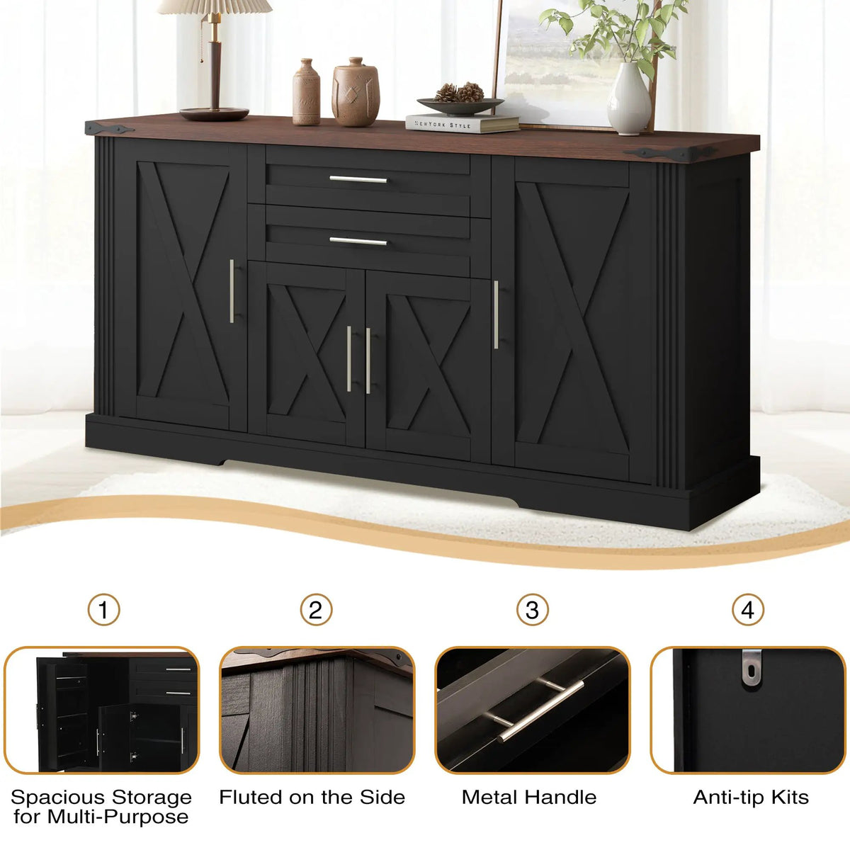 63" Farmhouse Barn Door Storage Cabinet with 2 Drawers, photo 8 of 10