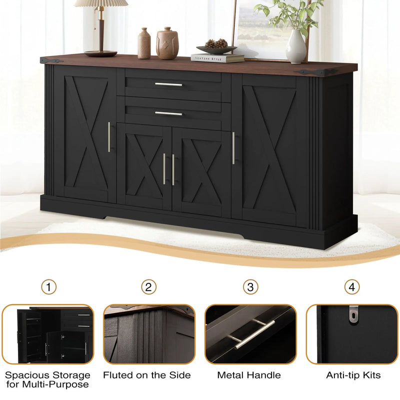 63" Farmhouse Barn Door Storage Cabinet with 2 Drawers, photo 8 of 10