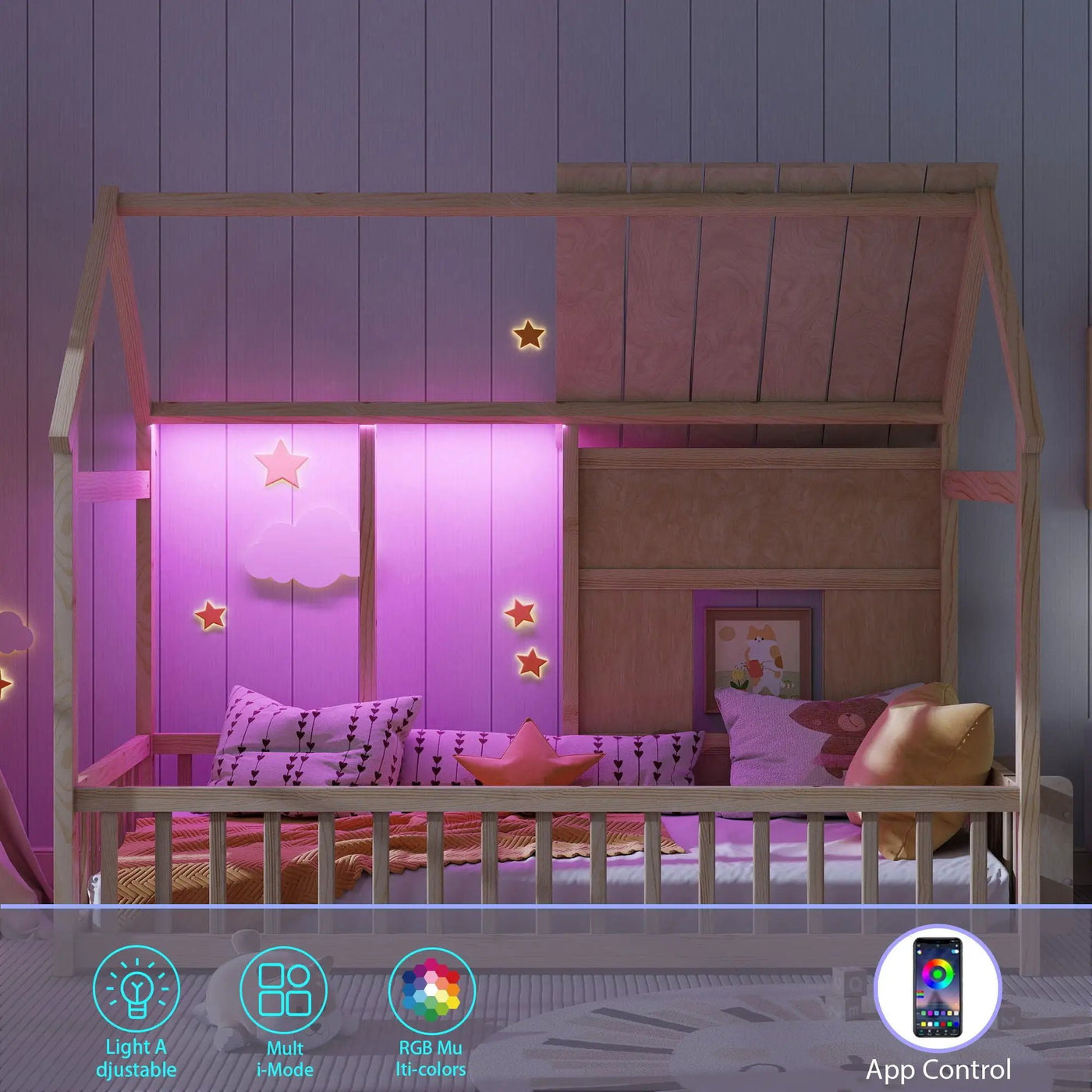 House Floor Bed With 7 Color LED Light, Built In Bookshelf by Unique Piece Furniture