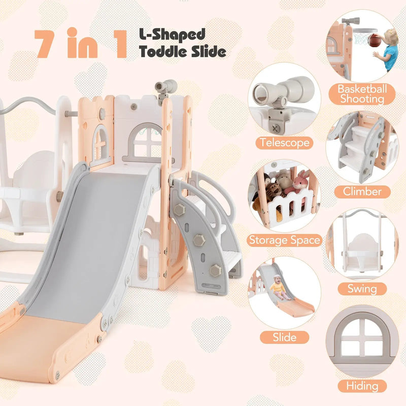 7-in-1 Toddler Swing and Slide Set L-shaped with Ladder and Basketball Hoop by DirectDeals