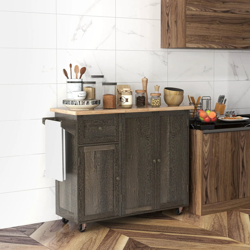 Homcom - Triple-Cabinet Rolling Kitchen Island On Wheels, Kitchen Cart With Storage Shelf Adjustment, Rolling Utility Cart With Wood Top, Towel Rack, Big Drawer - Distressed Brown by HouseOfZazla
