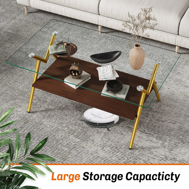Rectangle Coffee Table With Tempered Glass Top And Shelf by Unique Piece Furniture