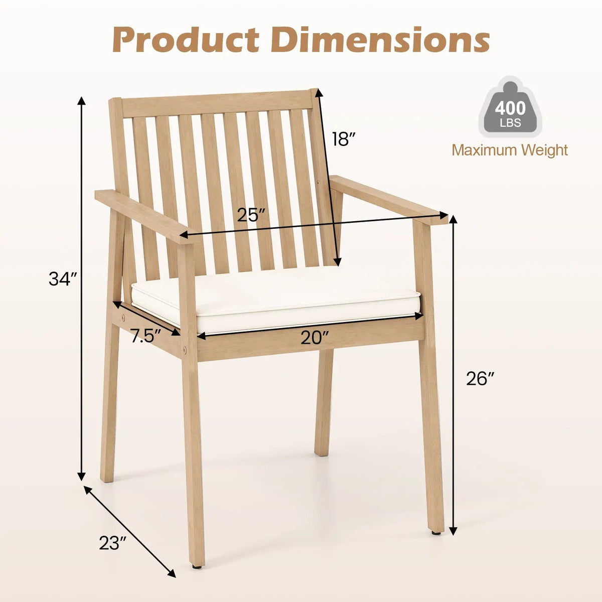 2 Pieces Patio Dining Chairs Outdoor Acacia Wood Chairs with Removable Padded Cushion, photo 9 of 16