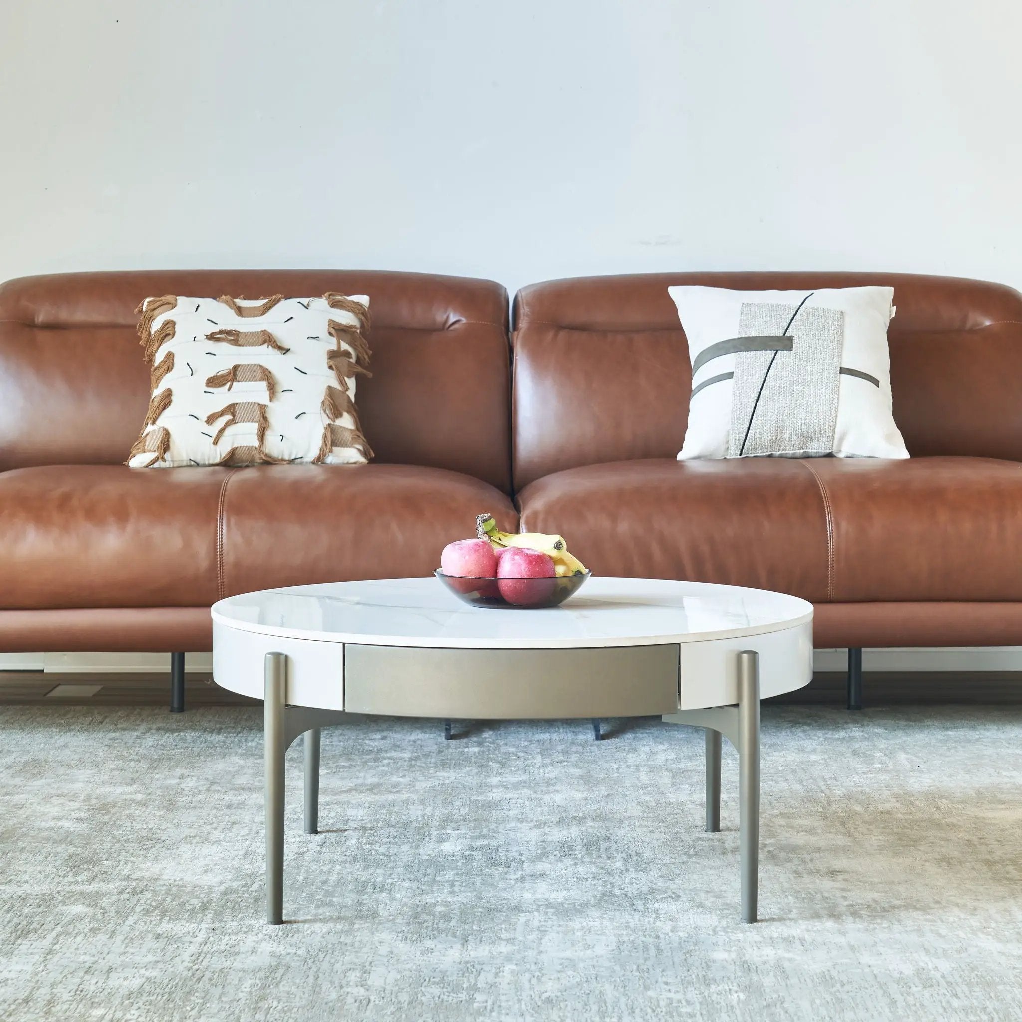 Modern Round Coffee Table With Storage Drawers Handcrafted Ceramic Inlay Tabletop 2 Tone Wood Legs Scandinavian Living Room Center Table - White / Gray by Unique Piece Furniture