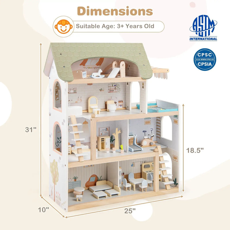 Wooden Dollhouse Kids DIY Pretend Playhouse with 33 PCS Furniture Accessories-Green by DirectDeals