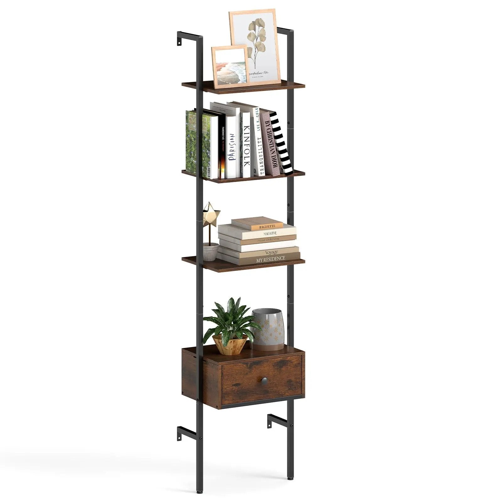 5-Tier Ladder Bookcase with Drawer and Metal Frame for Study Home Office-Rustic Brown by DirectDeals