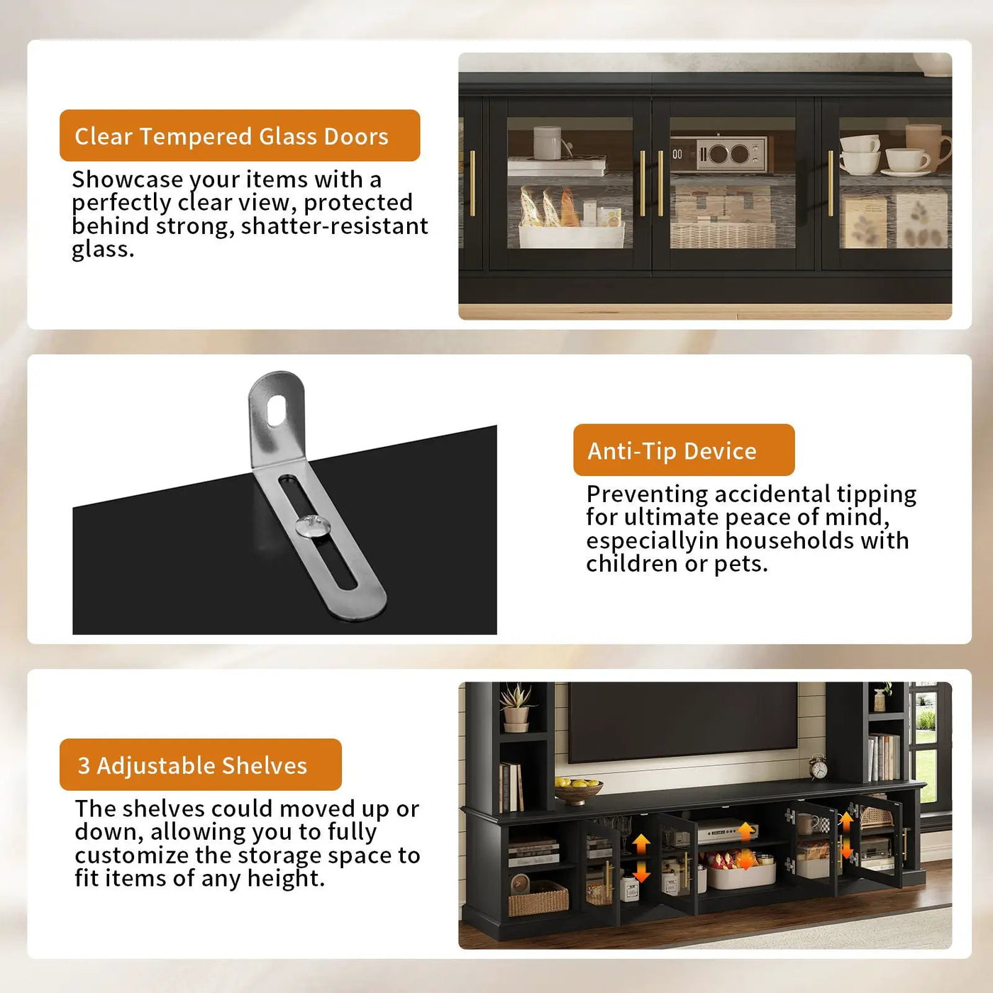 All-In-One Entertainment Center With Bookshelves & Tempered Glass Doors, TV Console Unit For Living Room by Unique Piece Furniture