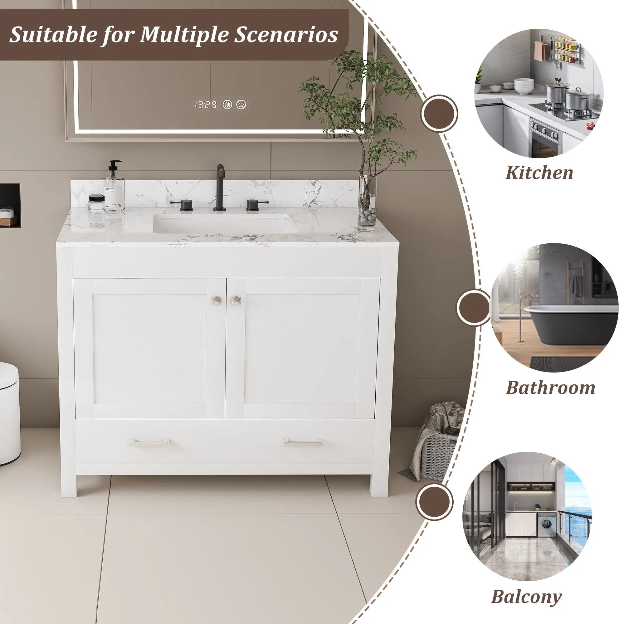 43" Bathroom Vanity With Artificial Marble Carrara Top Set, Multi Functional Bathroom Cabinet With Doors And Drawer - White by HouseOfZazla