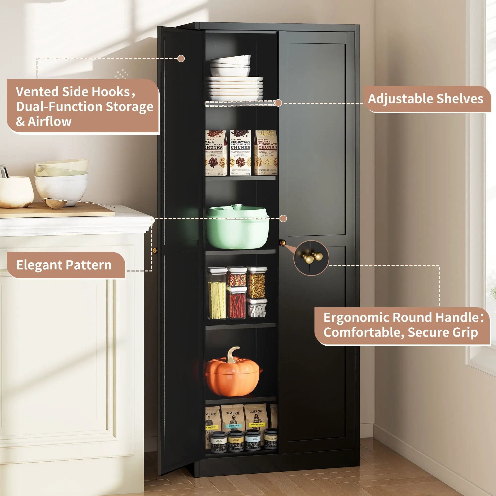 Kitchen Pantry Cabinet With 4 Adjustable Shelves, Heavy Duty Freestanding Organizer by Unique Piece Furniture
