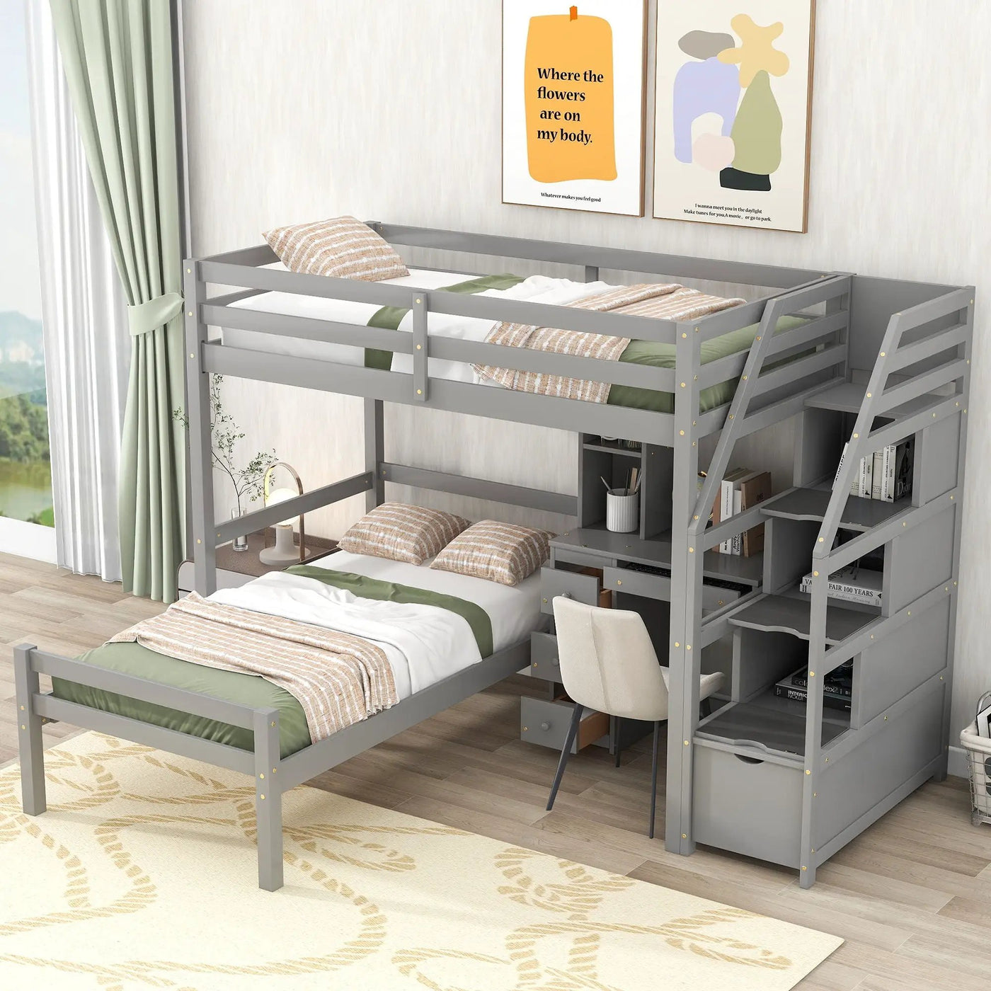 Loft Bed With Stand Alone Bed, Storage Staircase, Desk, Shelves, And Drawers by HouseOfZazla