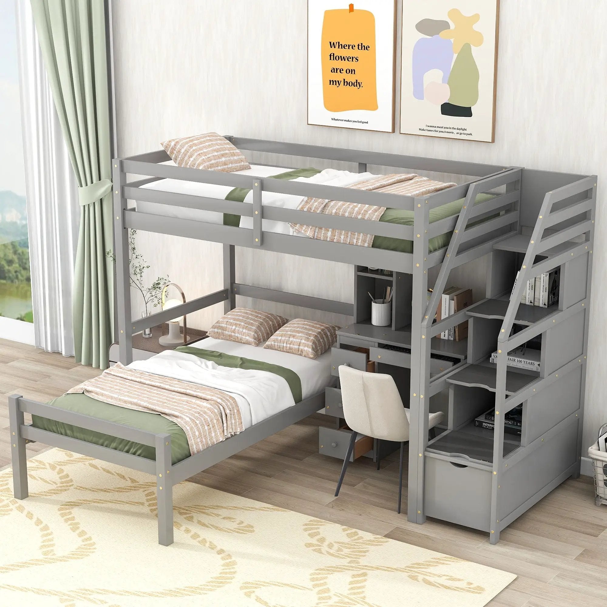 Loft Bed With Stand Alone Bed, Storage Staircase, Desk, Shelves, And Drawers