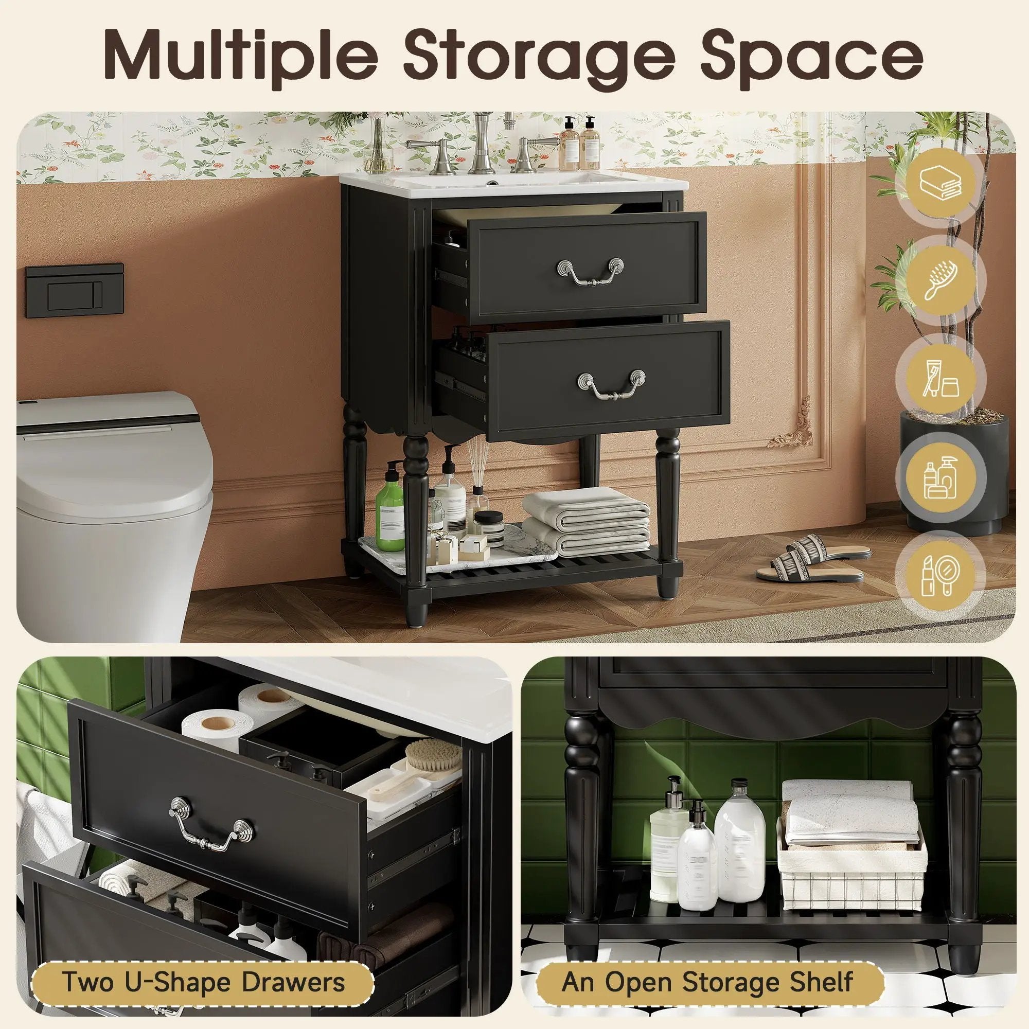 Wave Design Bathroom Vanity With Sink, 2 Drawers And Open Shelf by Unique Piece Furniture