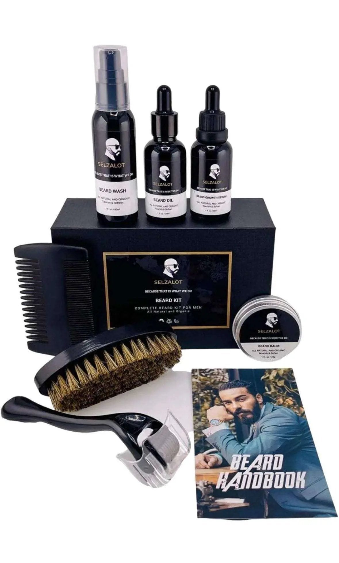 SELZALOT Beard Growth Kit Facial Hairs Men's Grooming Set 7 Pieces Beard Products with Oil, Serum, Balm, Shampoo, Comb, Brush and Hand Beard Care Kit for Men Men Self Care by Selzalot