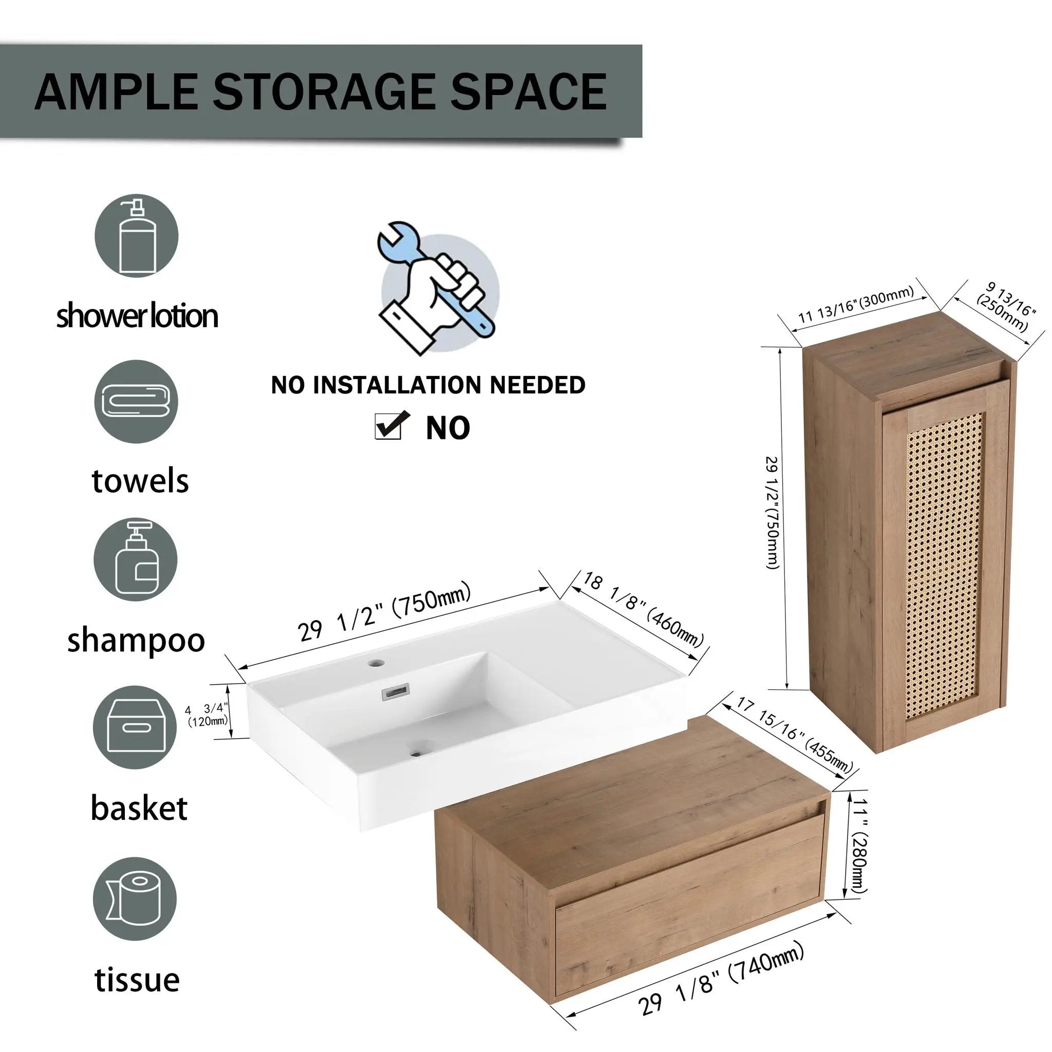 Modern Imitative Wall Mounted Bathroom Vanity With Resin Sink And Side Cabinet by HouseOfZazla