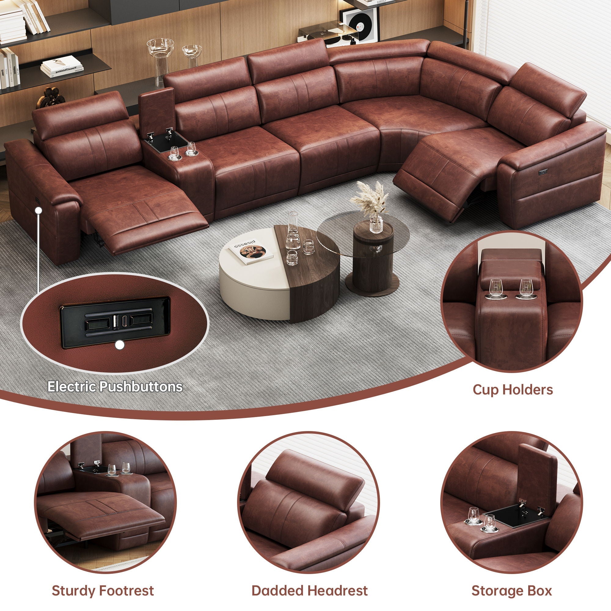 6 Piece Modular Sectional Sofa With 2 Cup Holders, Adjustable Recliners - Dark Brown by Unique Piece Furniture