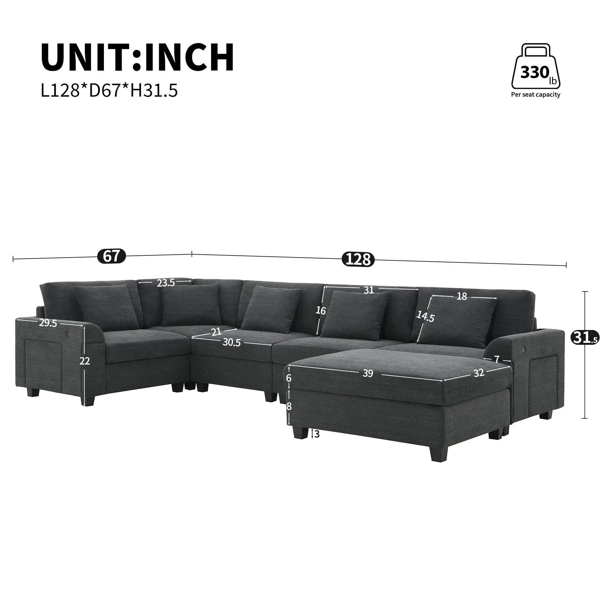 U Shaped Sectional Sofa 6 Seat Couch Set With Oversized Ottoman, Hidden Armrest Storage And Cup Holders USB Charging Ports Wide Seat Sofa by Unique Piece Furniture