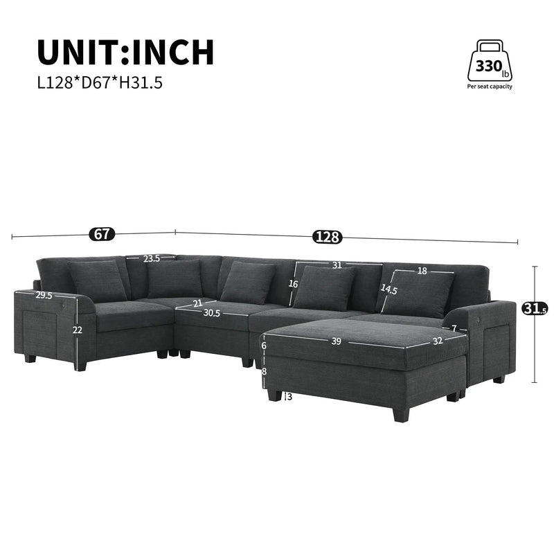U Shaped Sectional Sofa 6 Seat Couch Set With Oversized Ottoman, Hidden Armrest Storage And Cup Holders USB Charging Ports Wide Seat Sofa by Unique Piece Furniture