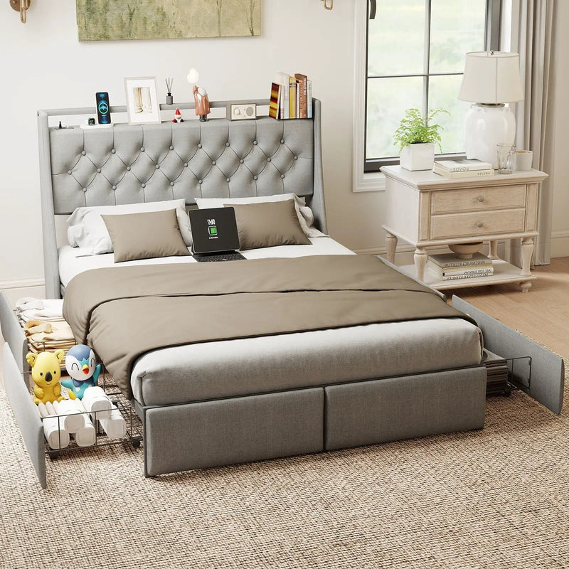 Queen Platform Bed Frame With RGB LED & Charging Station, Storage Headboard by HouseOfZazla