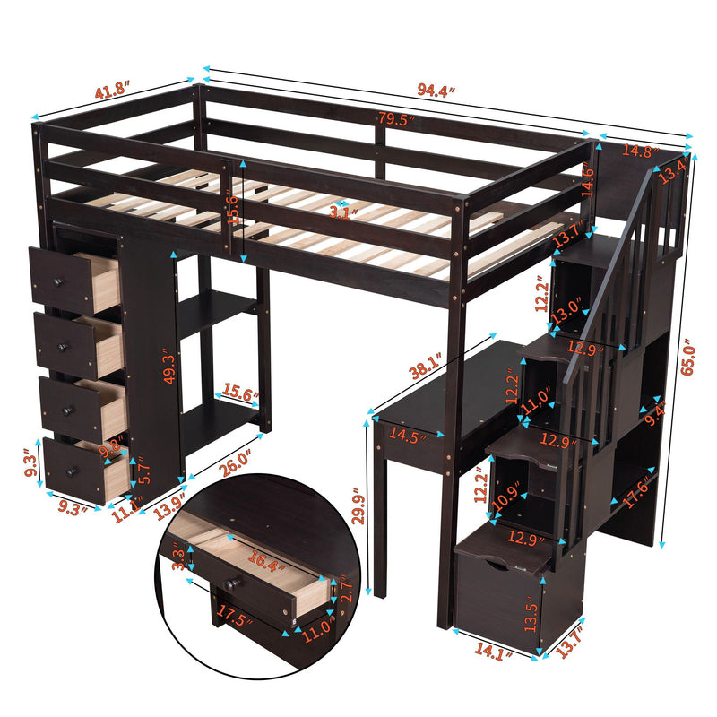 Loft Bed With Storage Drawers, Desk And Stairs With Shelves by HouseOfZazla