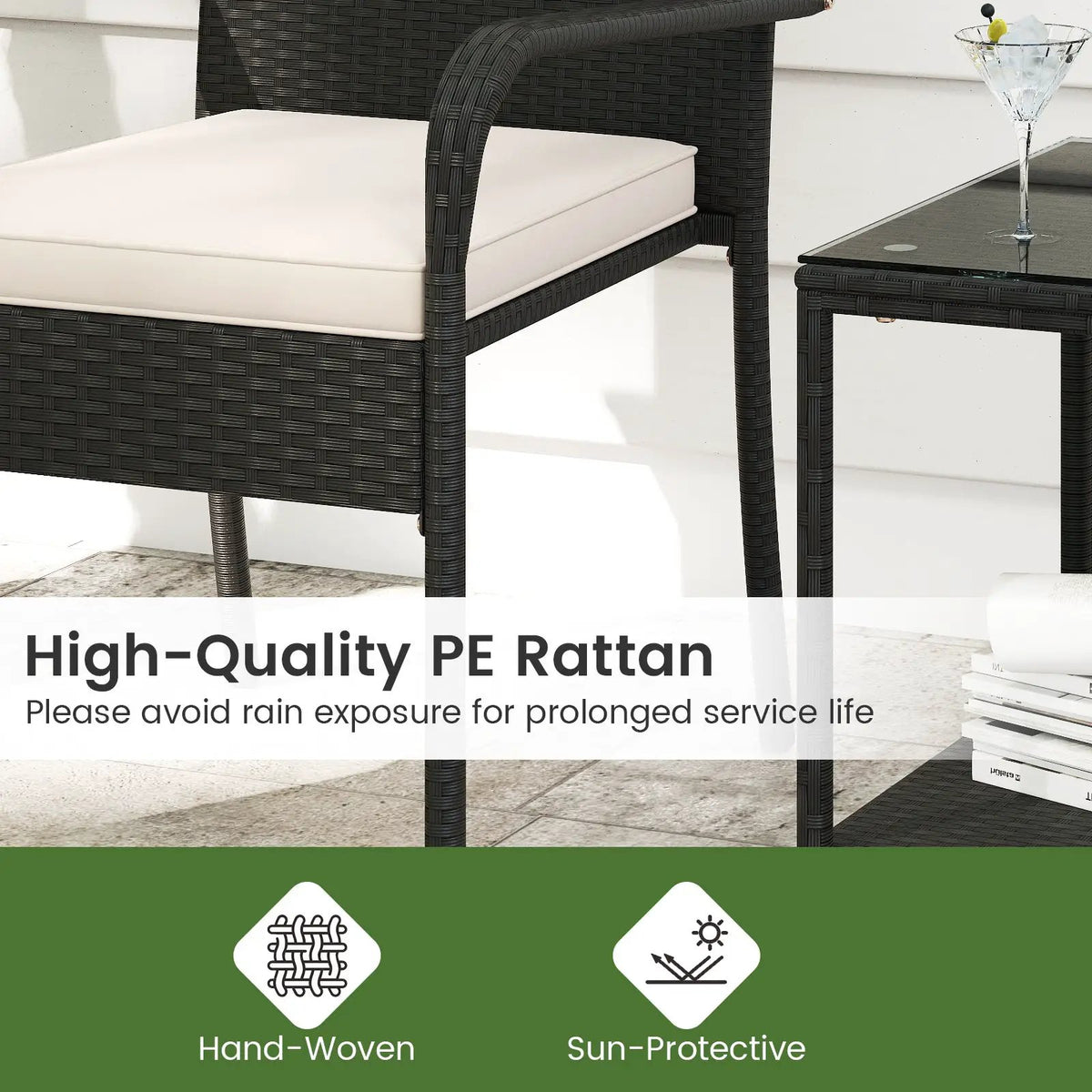 3 Piece Patio Furniture Set with Seat Cushions and Tempered Glass Tabletop, photo 20 of 24